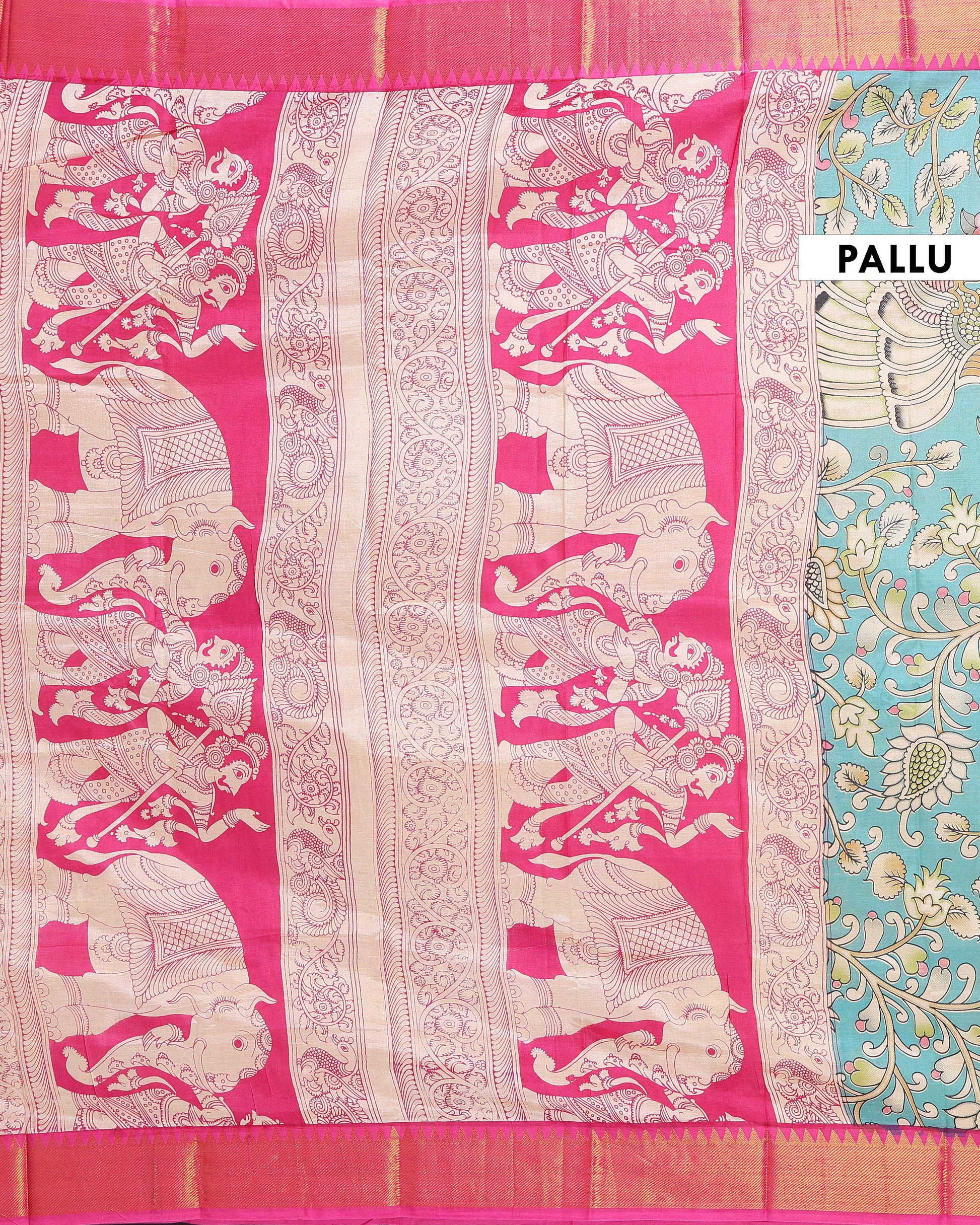 Elegant Mangalagiri Semi Silk Saree with Hand-painted Kalamkari Floral Motifs - Blue-Pallu