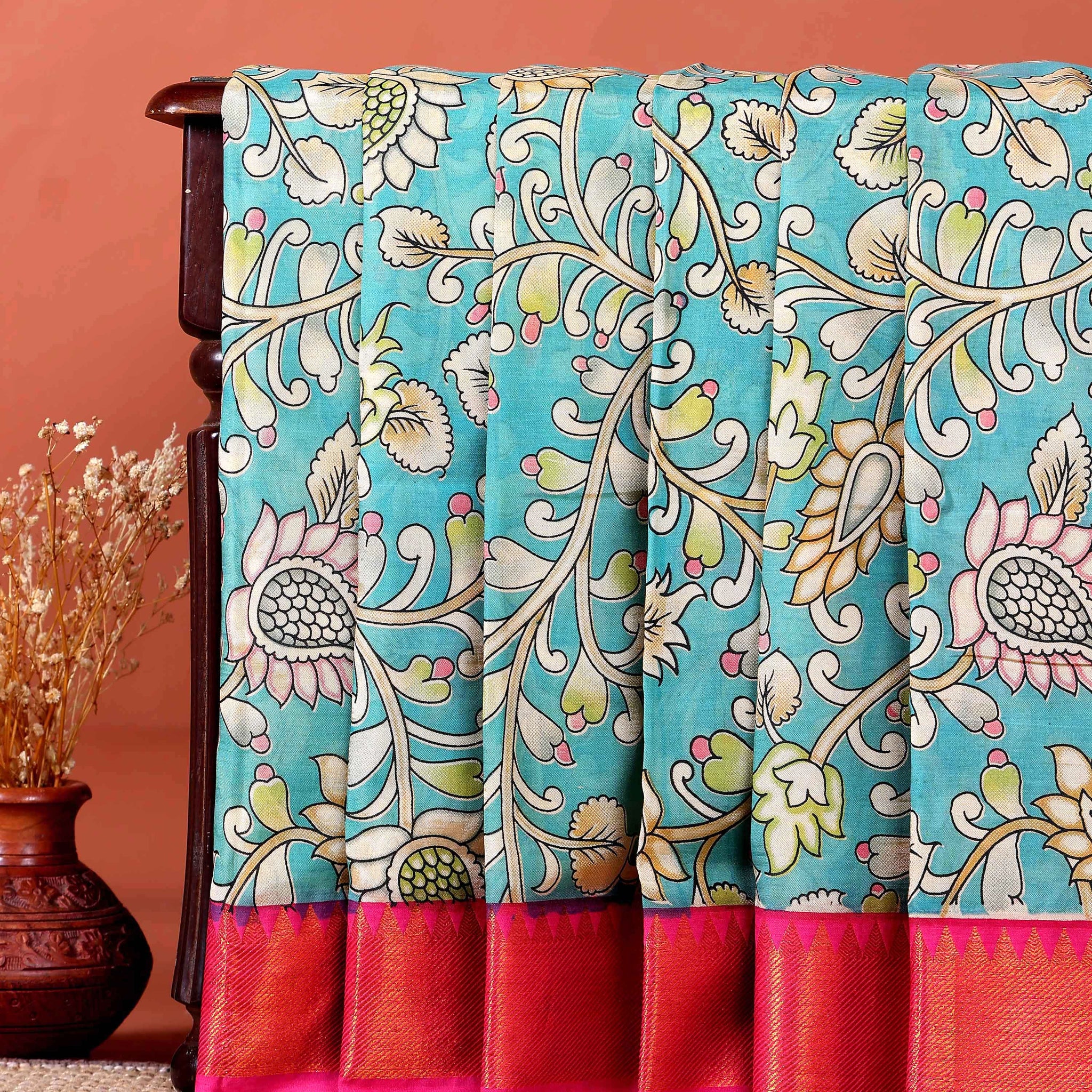 Elegant Mangalagiri Semi Silk Saree with Hand-painted Kalamkari Floral Motifs - Blue
