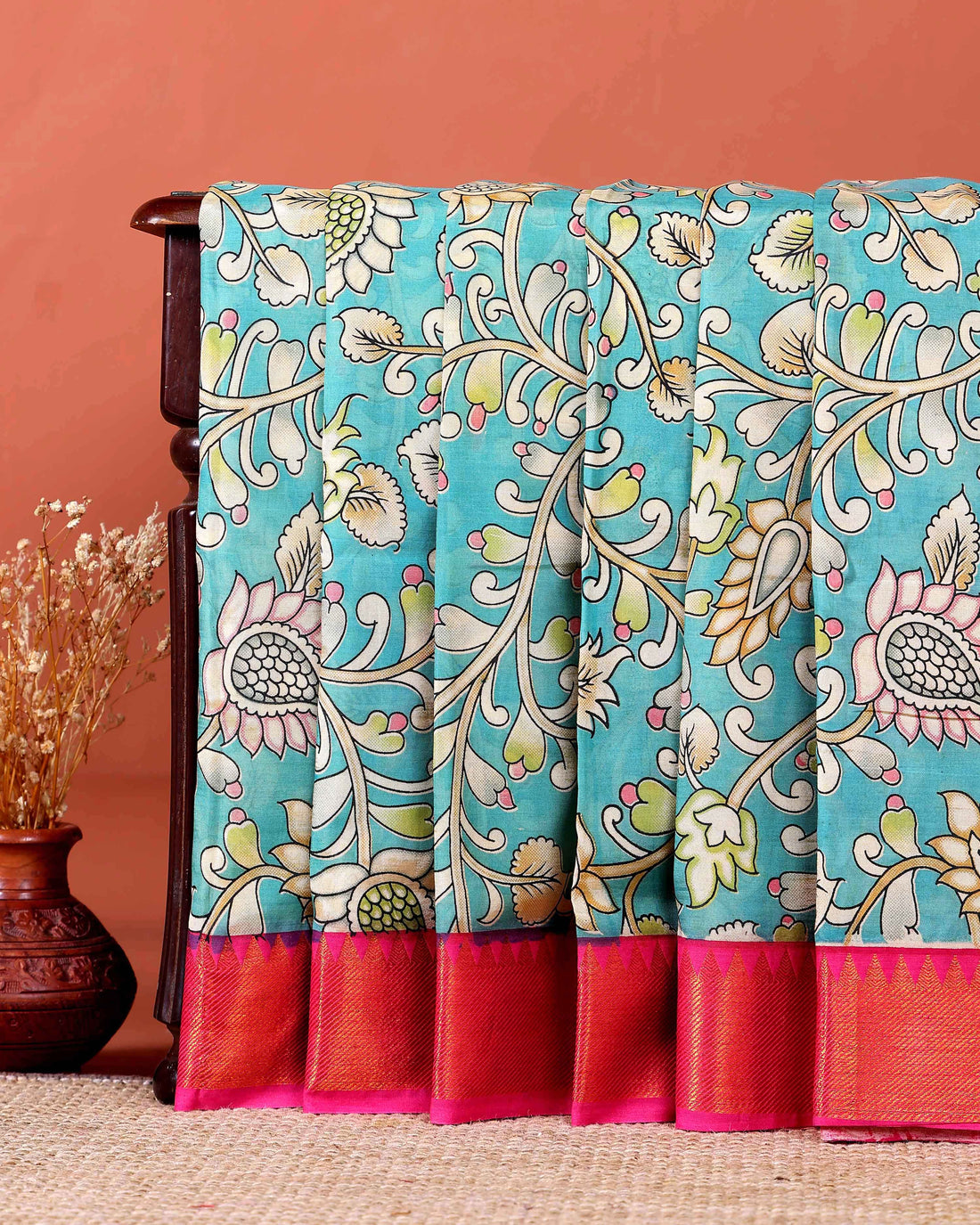 Elegant Mangalagiri Semi Silk Saree with Hand-painted Kalamkari Floral Motifs - Blue