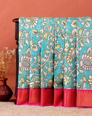 Elegant Mangalagiri Semi Silk Saree with Hand-painted Kalamkari Floral Motifs - Blue