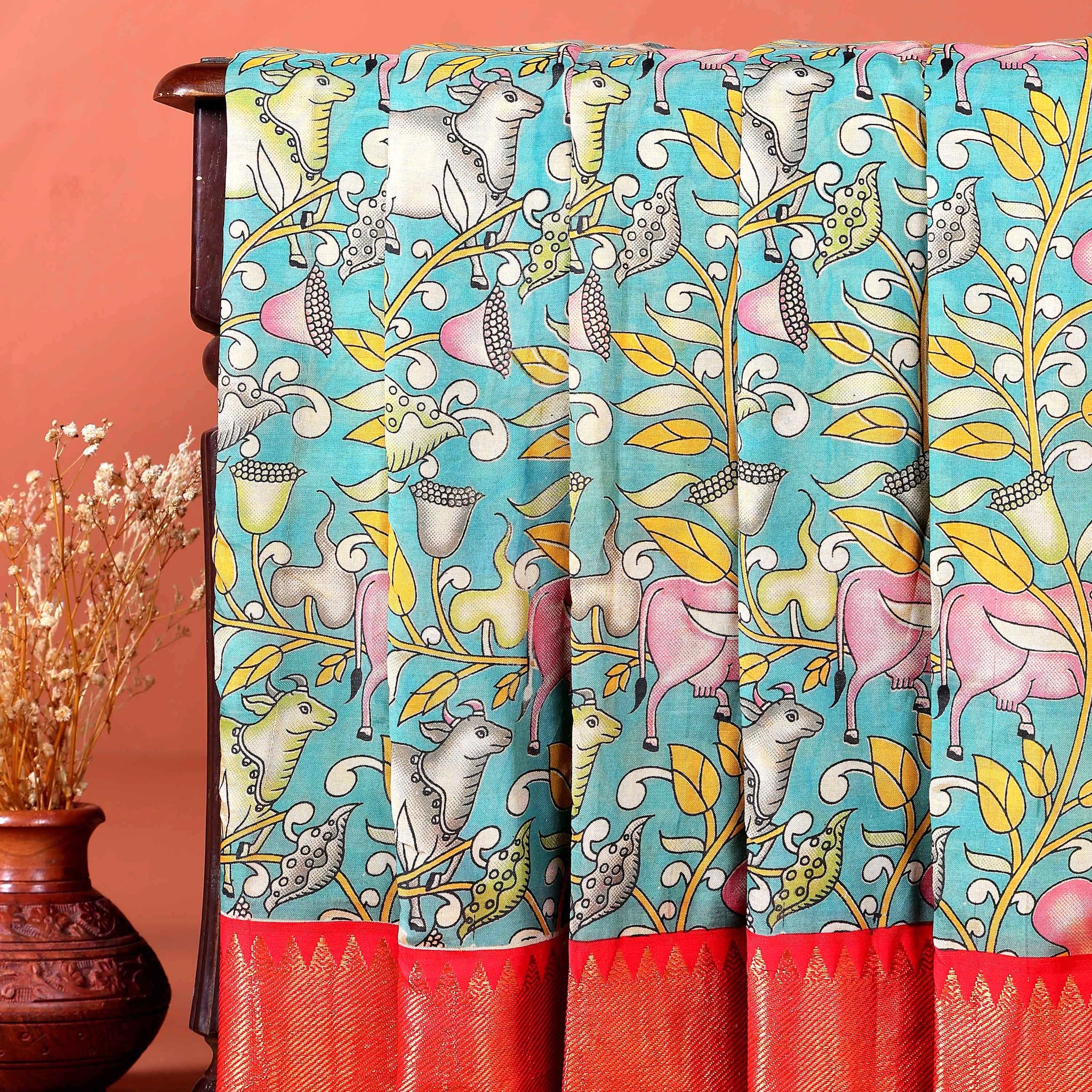Elegant Mangalagiri Semi Silk Saree with Handpainted Kalamkari-Inspired Design - Blue