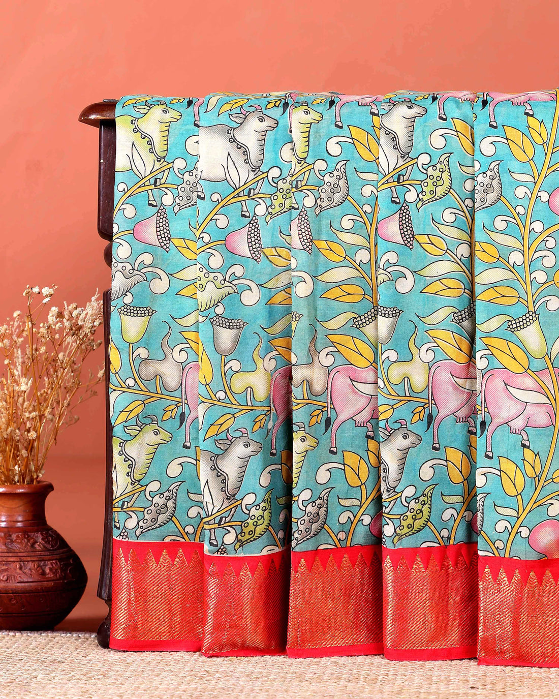 Elegant Mangalagiri Semi Silk Saree with Handpainted Kalamkari-Inspired Design - Blue