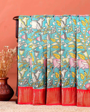 Elegant Mangalagiri Semi Silk Saree with Handpainted Kalamkari-Inspired Design - Blue