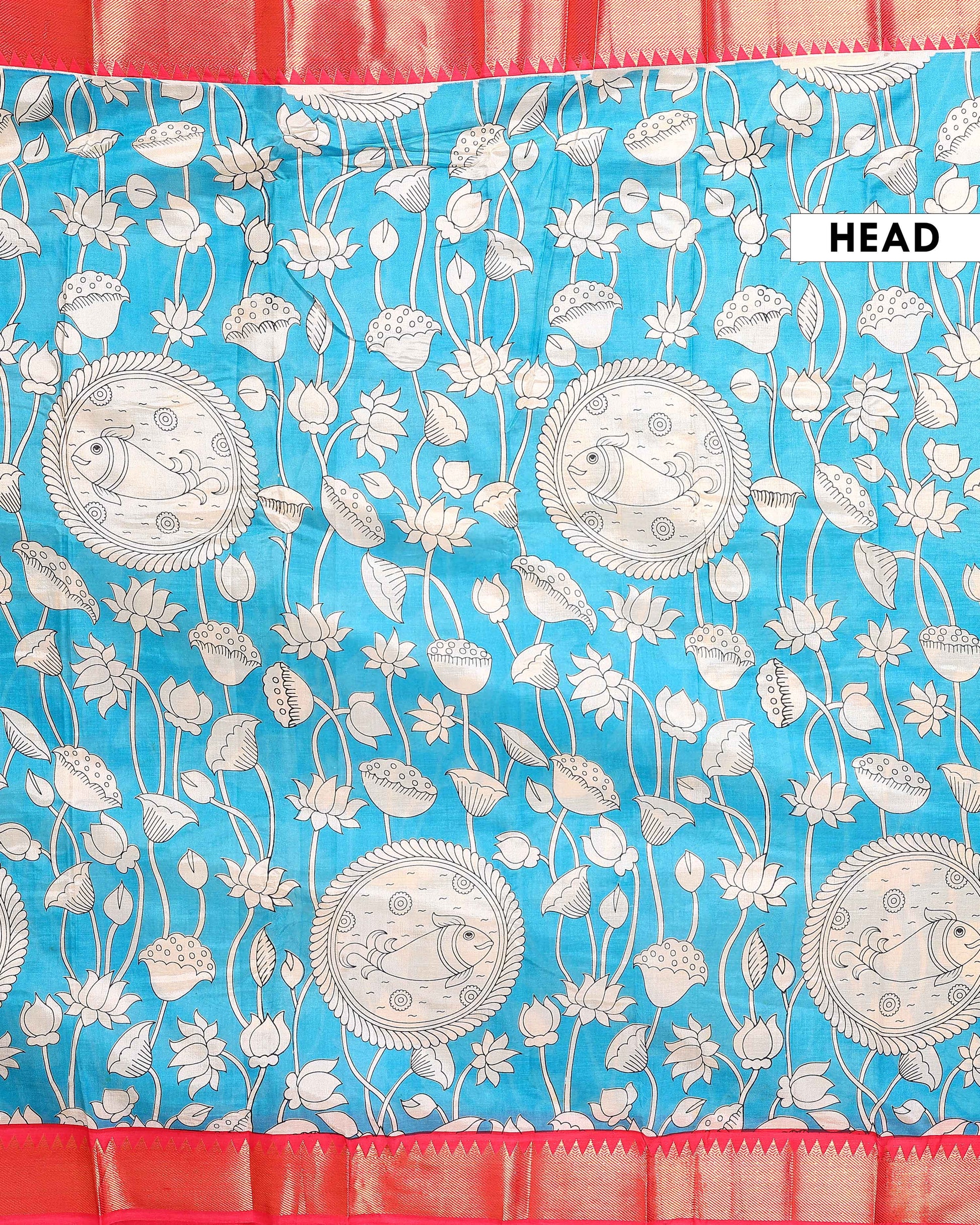 Elegant Mangalagiri Semi Silk Saree with Traditional Kalamkari-Inspired Motifs - Blue-Head