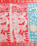 Elegant Mangalagiri Semi Silk Saree with Traditional Kalamkari-Inspired Motifs - Blue-Pallu