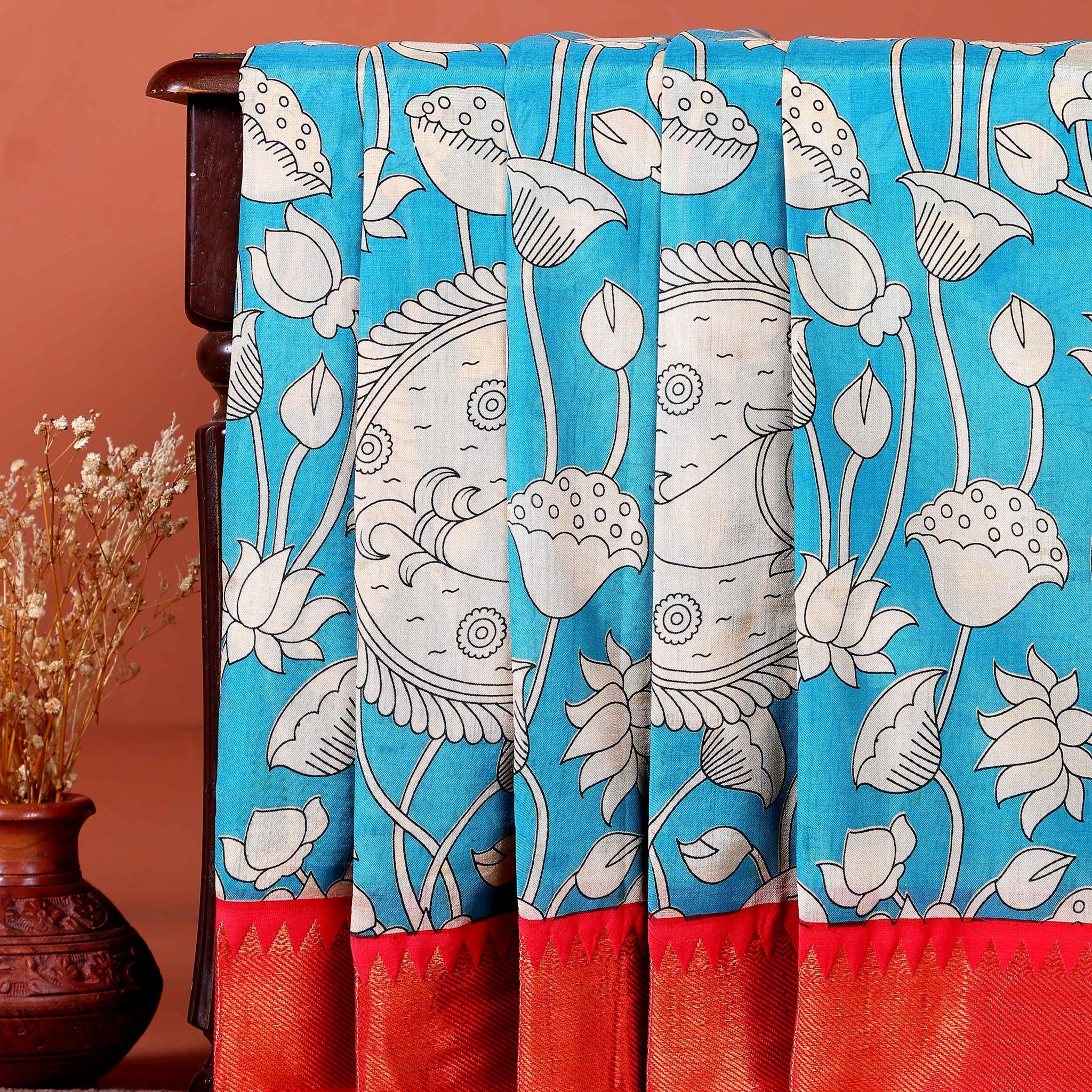 Elegant Mangalagiri Semi Silk Saree with Traditional Kalamkari-Inspired Motifs - Blue