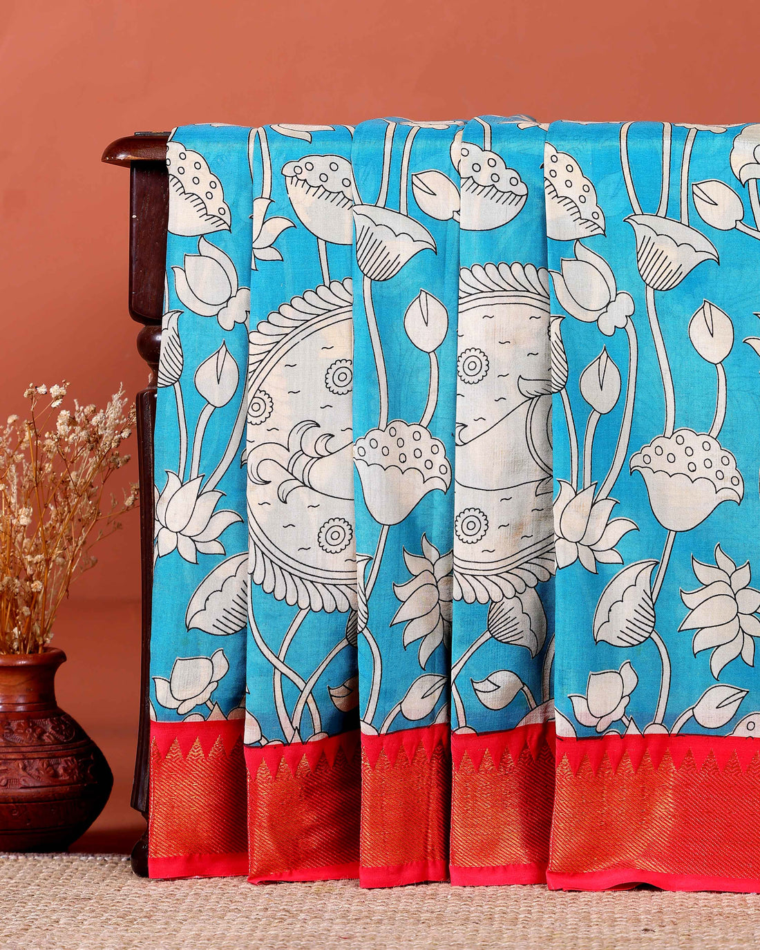 Elegant Mangalagiri Semi Silk Saree with Traditional Kalamkari-Inspired Motifs - Blue