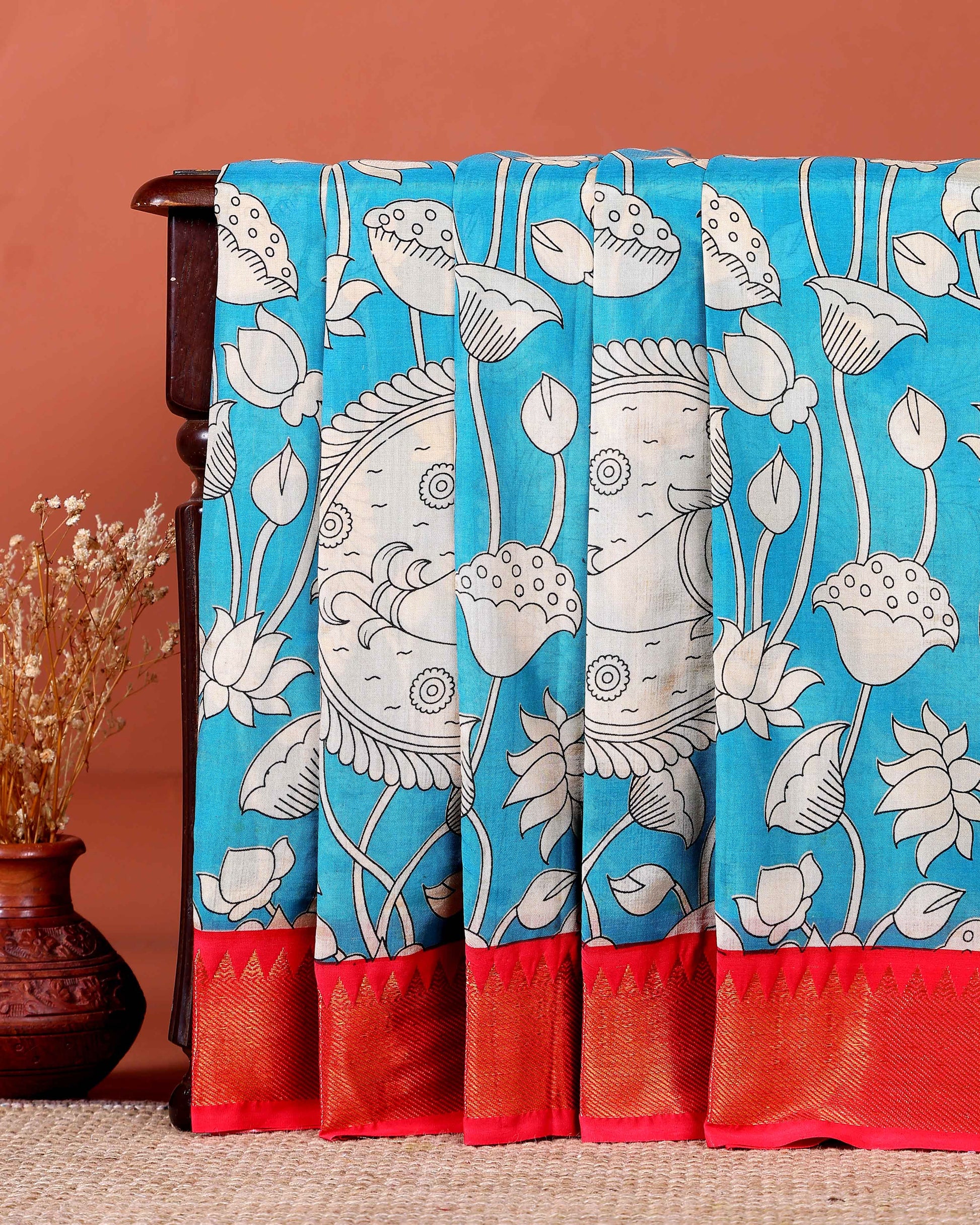 Elegant Mangalagiri Semi Silk Saree with Traditional Kalamkari-Inspired Motifs - Blue