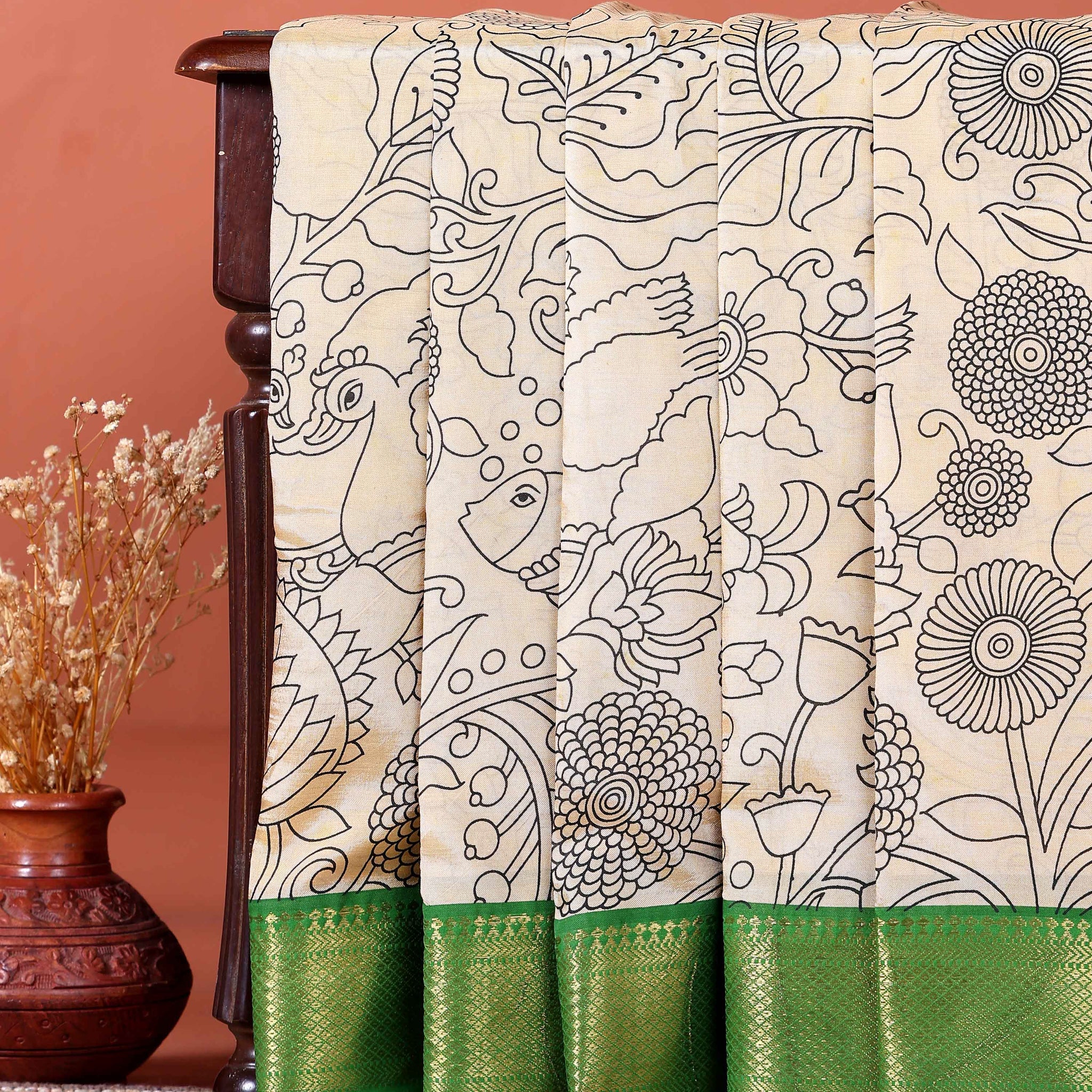 Elegant Mangalagiri Semi Silk Saree with Traditional Kalamkari-Inspired Motifs - Sandal