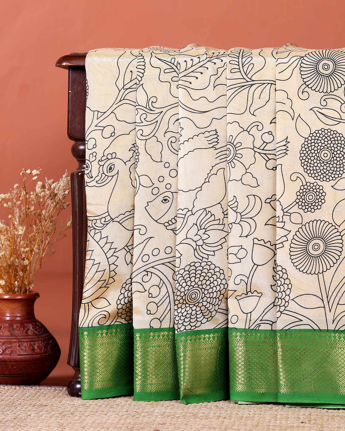 Elegant Mangalagiri Semi Silk Saree with Traditional Kalamkari-Inspired Motifs - Sandal