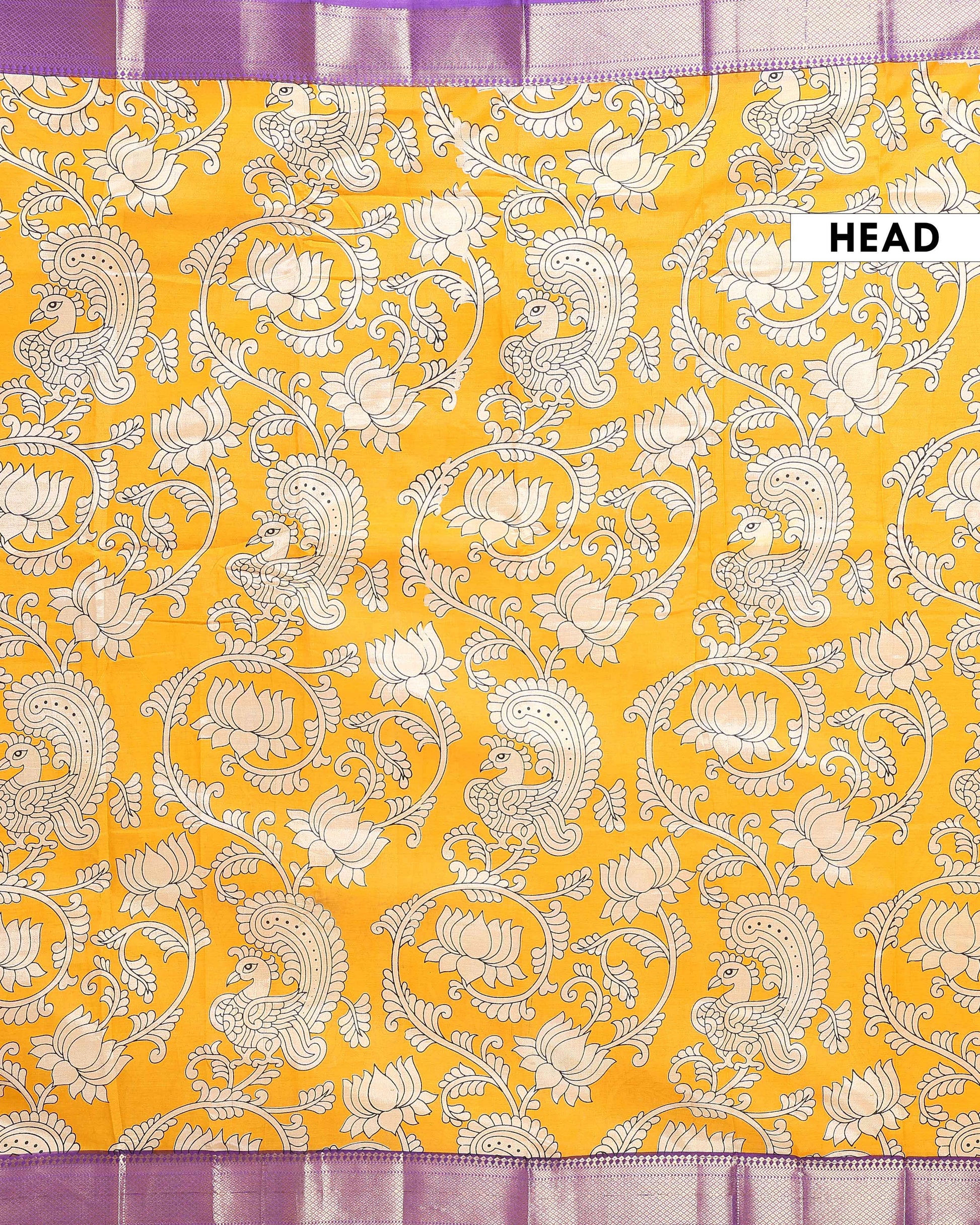 Elegant Mangalagiri Semi Silk Saree with Traditional Kalamkari-Inspired Motifs - Yellow-Head
