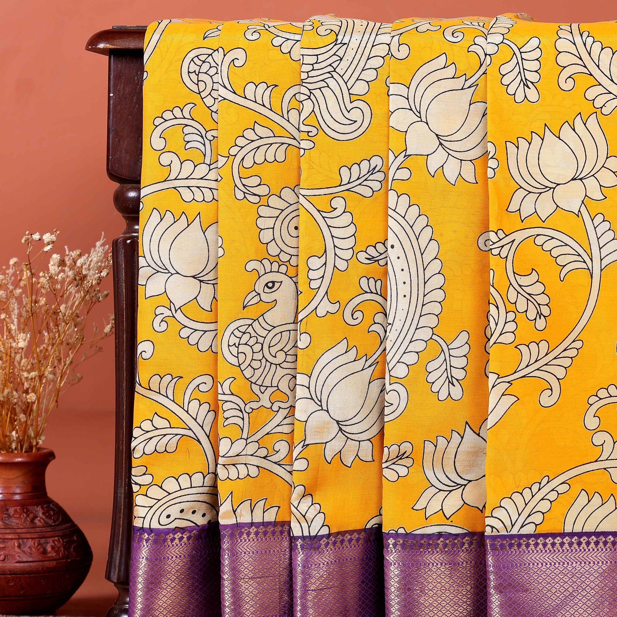 Elegant Mangalagiri Semi Silk Saree with Traditional Kalamkari-Inspired Motifs - Yellow