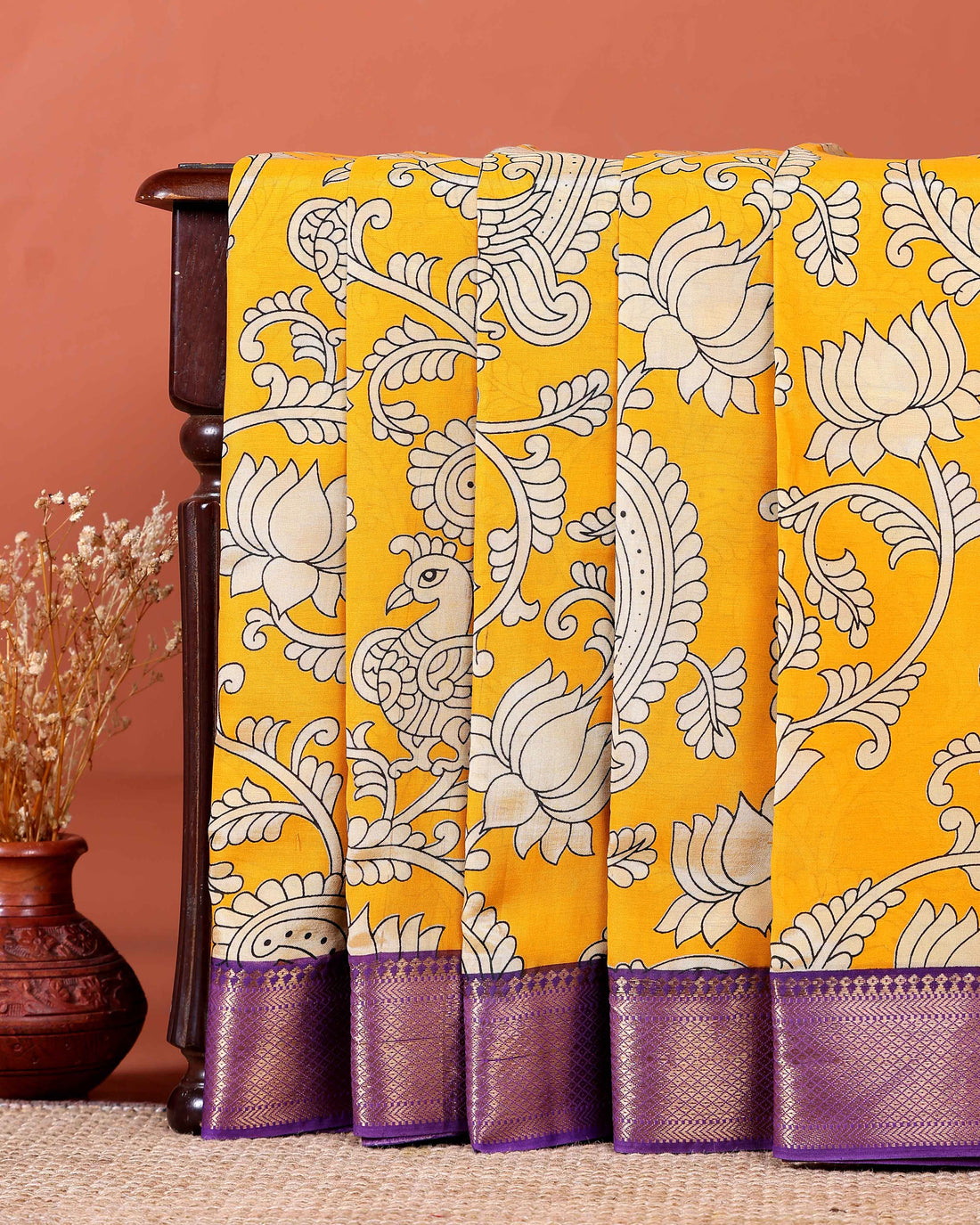 Elegant Mangalagiri Semi Silk Saree with Traditional Kalamkari-Inspired Motifs - Yellow