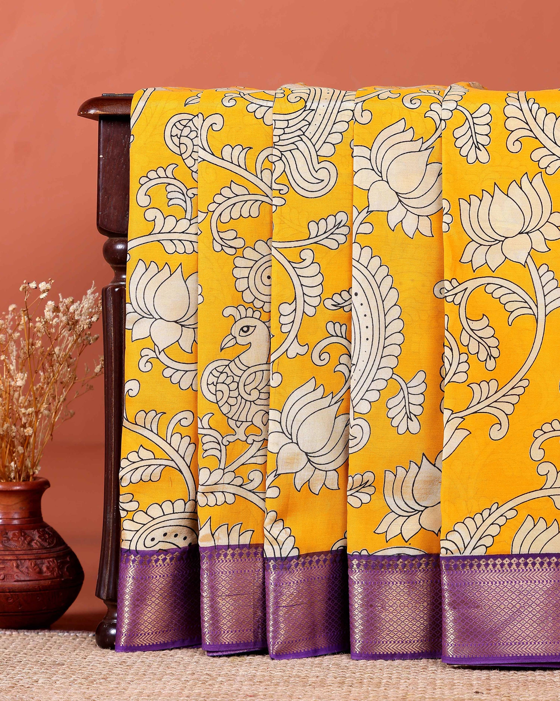 Elegant Mangalagiri Semi Silk Saree with Traditional Kalamkari-Inspired Motifs - Yellow