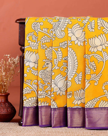 Elegant Mangalagiri Semi Silk Saree with Traditional Kalamkari-Inspired Motifs - Yellow