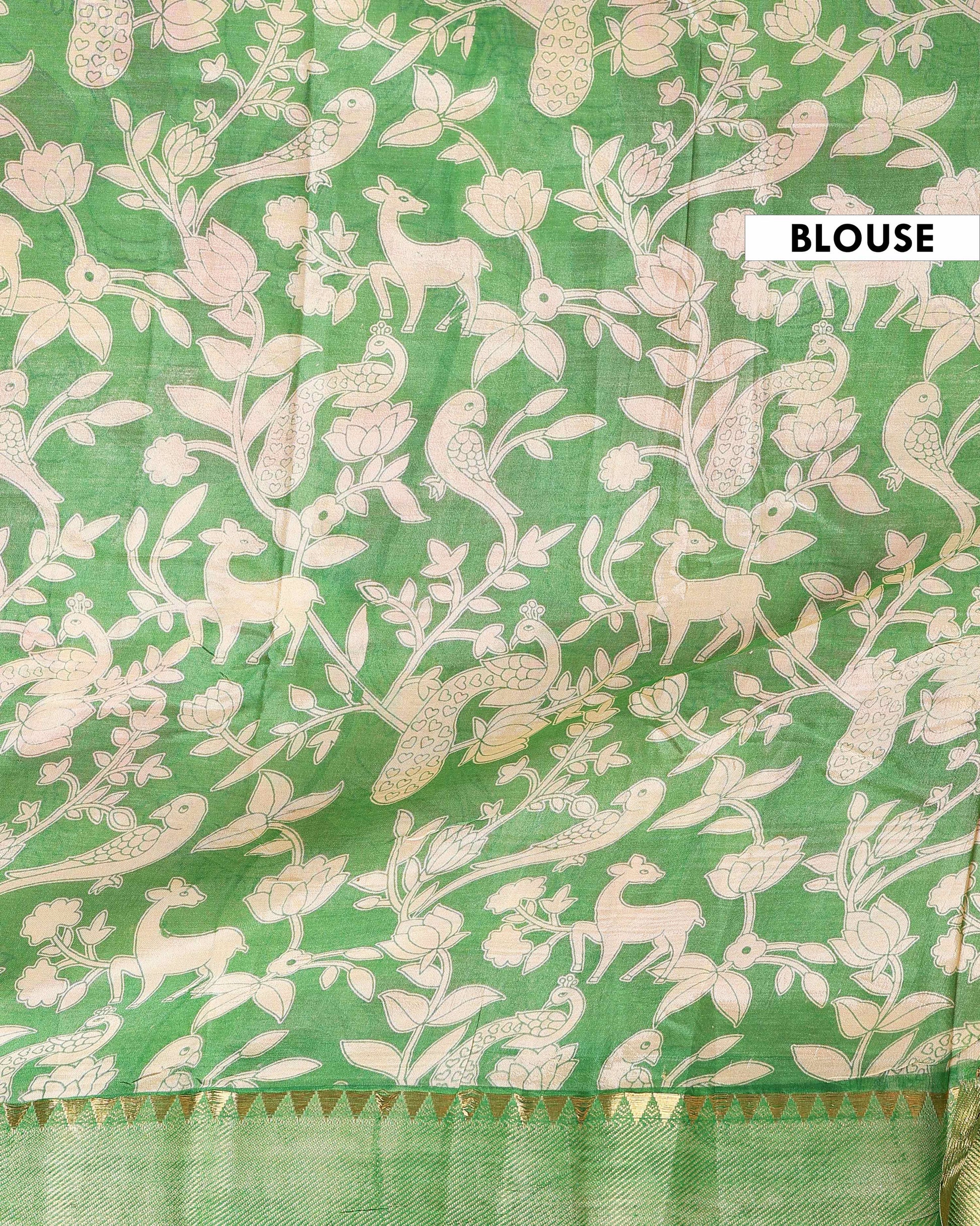 Elegant Mangalagiri Semi Silk Saree with Traditional Kalamkari Motifs - Cream-Blouse