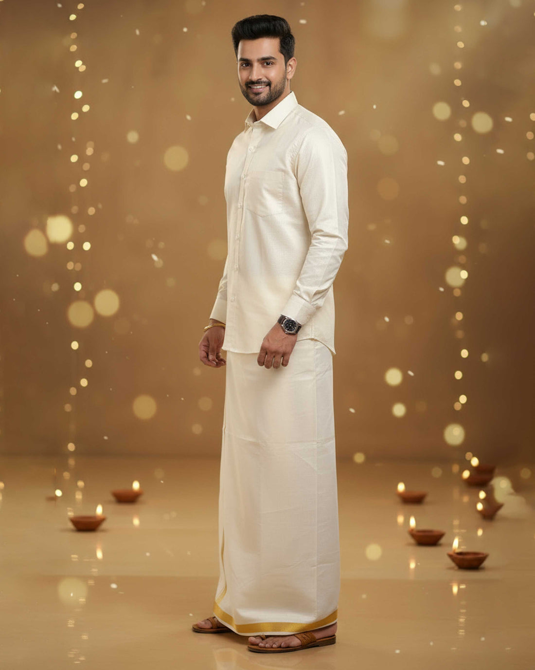 Elegant Men's Ethnic Full Sleeve Shirt & Dhoti Set with Traditional Border - Cream
