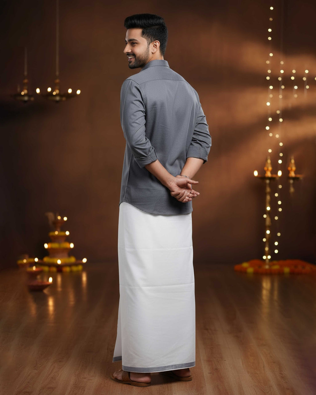 Elegant Men's Ethnic Full Sleeve Shirt & Dhoti Set with Traditional Border - Grey