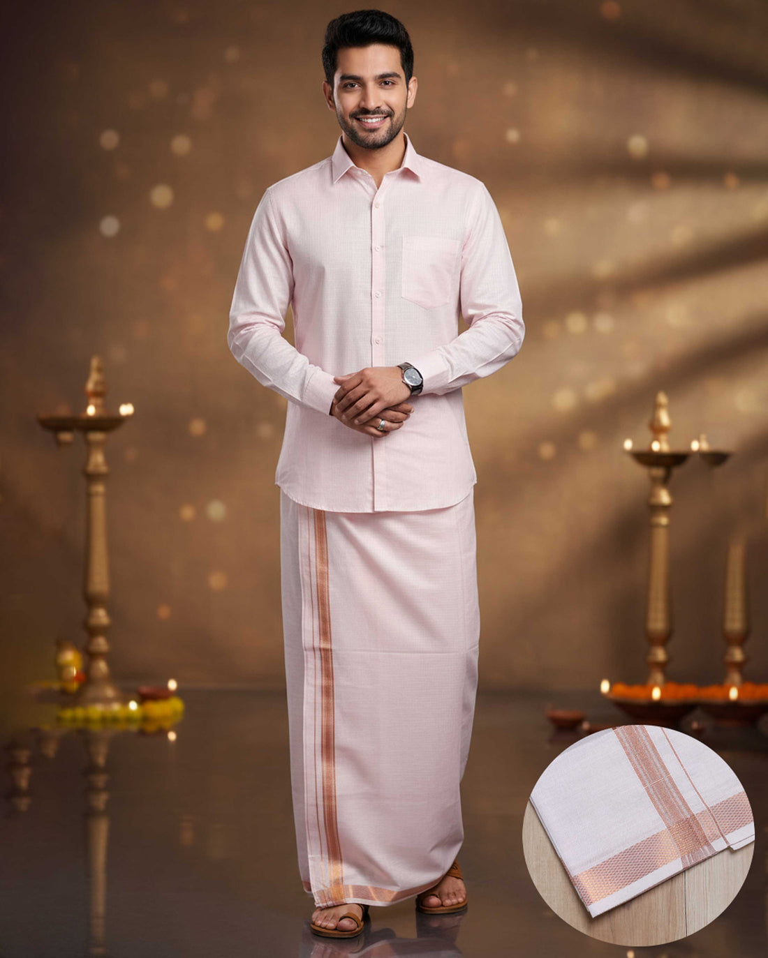 Elegant Men's Ethnic Full Sleeve Shirt & Dhoti Set with Traditional Border - Light Pink