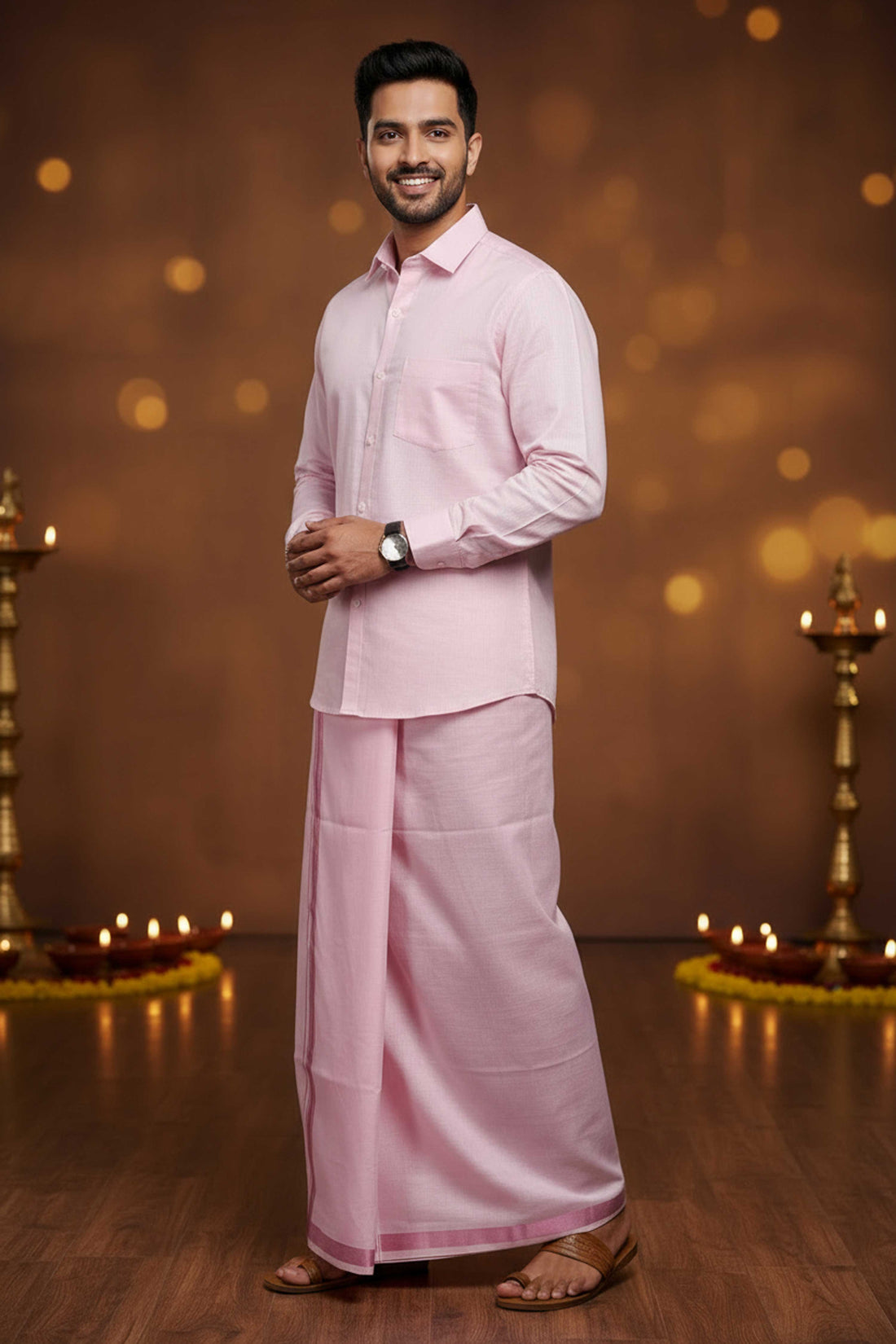 Elegant Men's Ethnic Full Sleeve Shirt & Dhoti Set with Traditional Border - Rose Pink