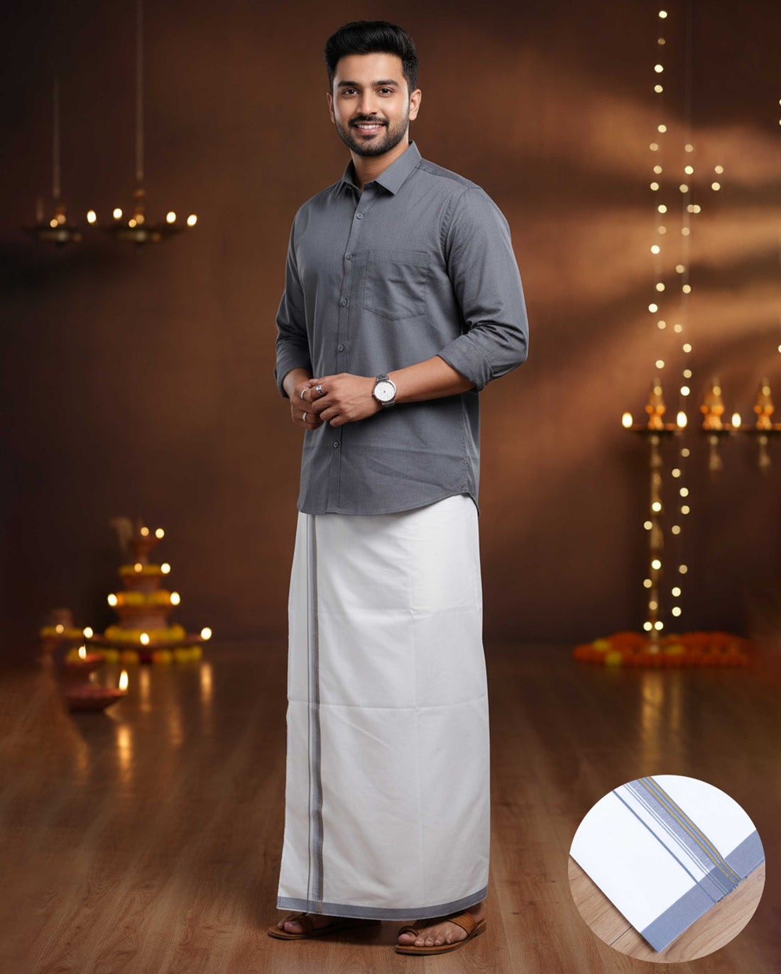 Elegant Men's Ethnic Full Sleeve Shirt & Dhoti Set with Traditional Border - Grey