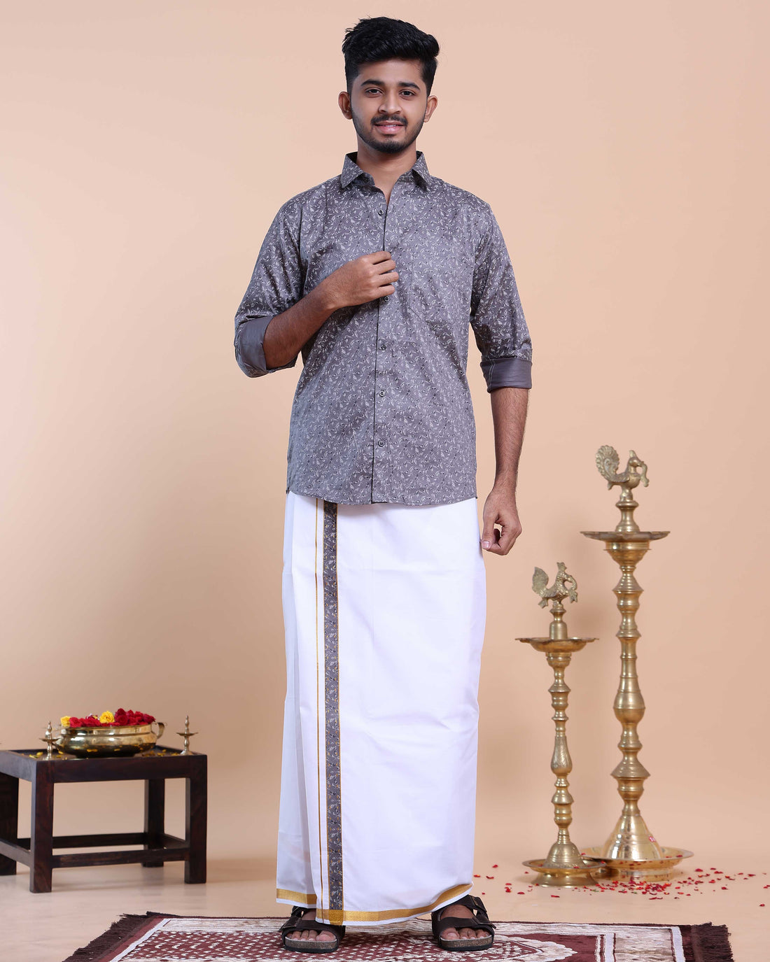 Elegant Men's Ethnic Full Sleeve Shirt & Dhoti Set with Zari Border - Grey