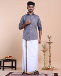Elegant Men's Ethnic Full Sleeve Shirt & Dhoti Set with Zari Border - Grey