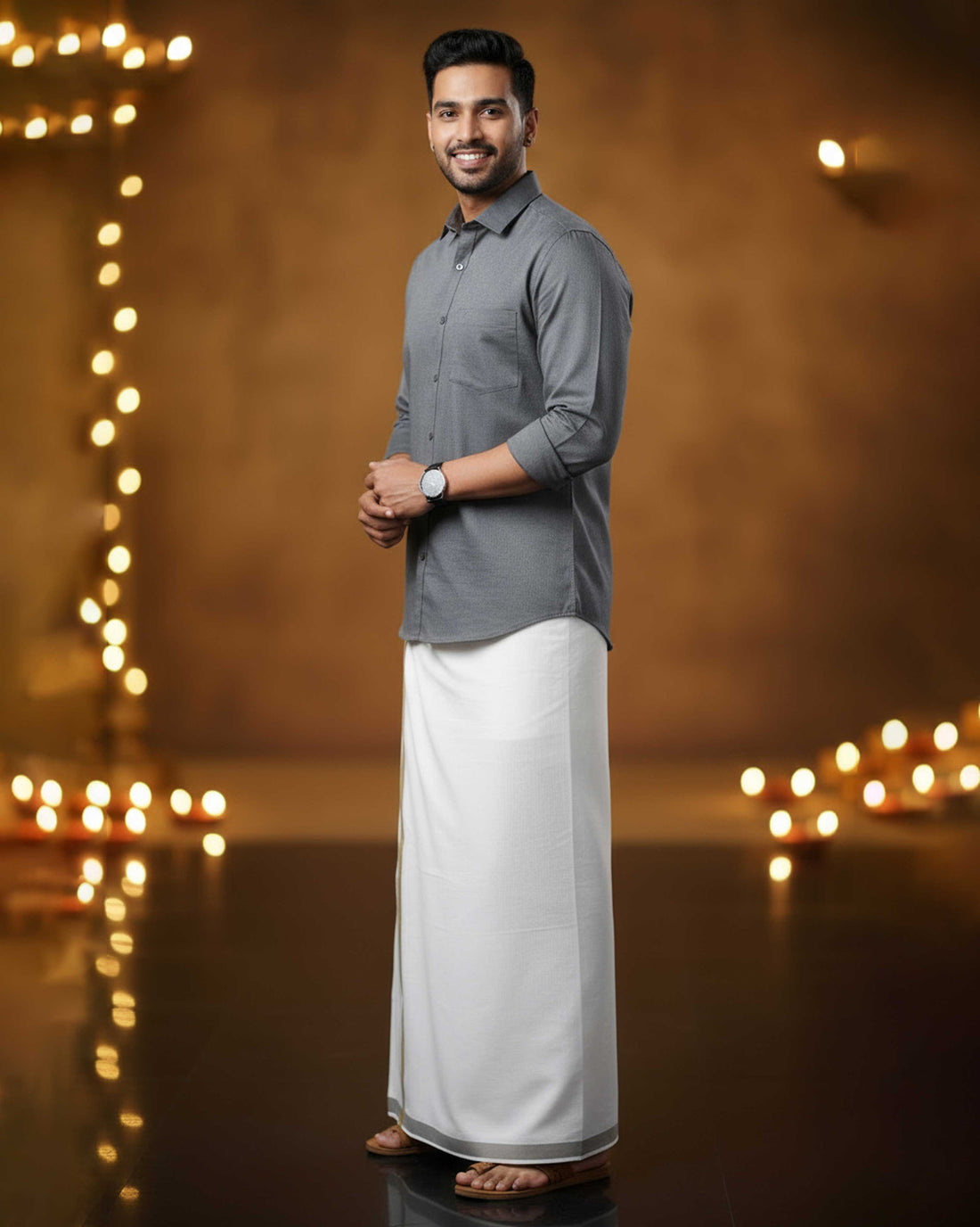 Elegant Men's Ethnic Full Sleeve Shirt & Dhoti Set with Traditional Border - Grey