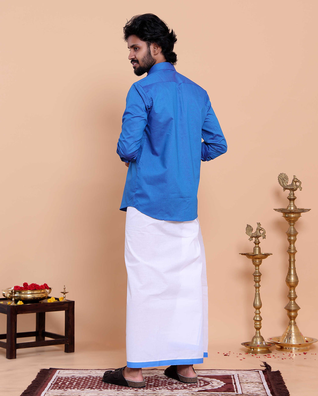 Elegant Men's Ethnic Full Sleeve Shirt & Dhoti Set with Traditional Border - Blue