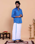 Elegant Men's Ethnic Full Sleeve Shirt & Dhoti Set with Traditional Border - Blue