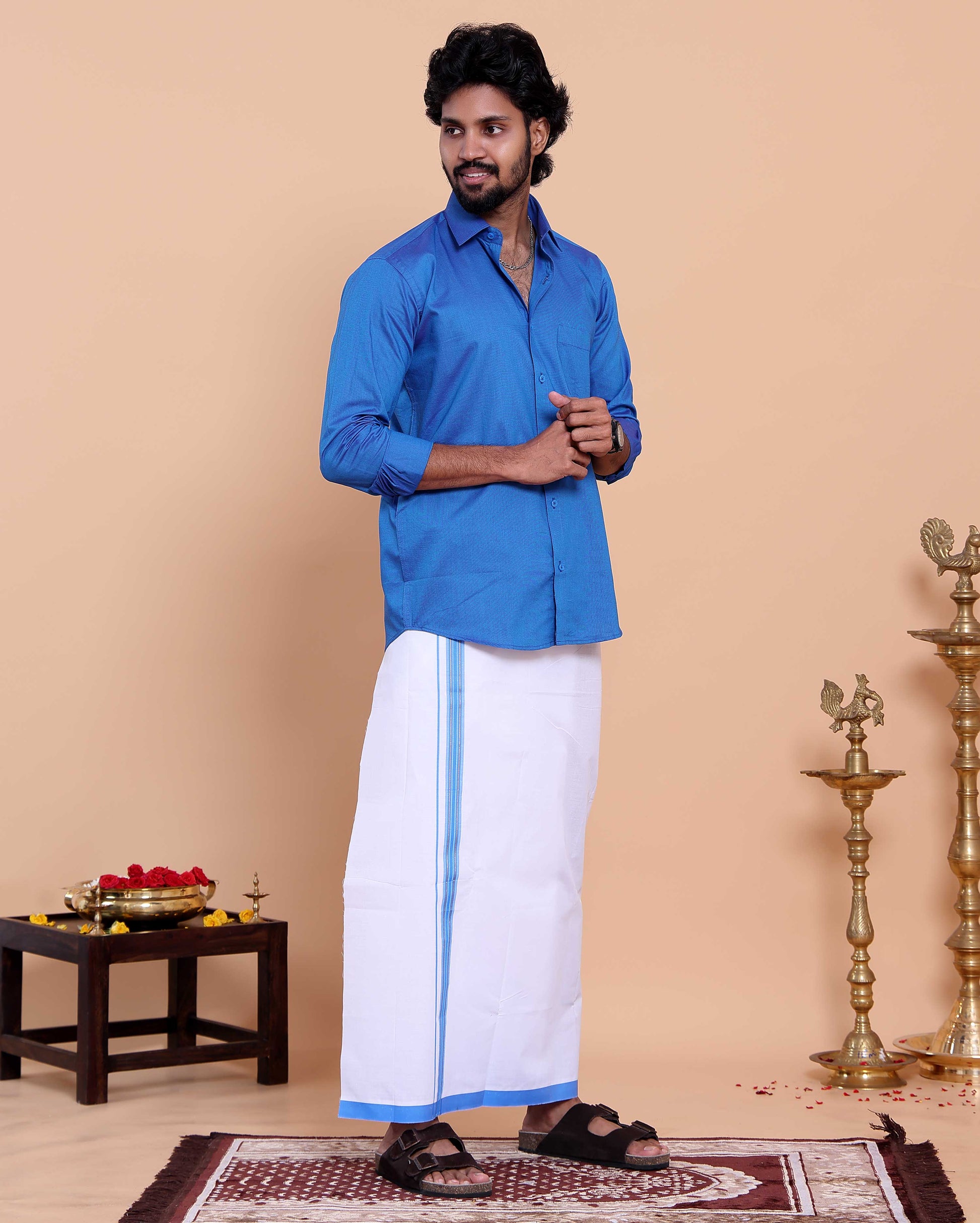 Elegant Men's Ethnic Full Sleeve Shirt & Dhoti Set with Traditional Border - Blue