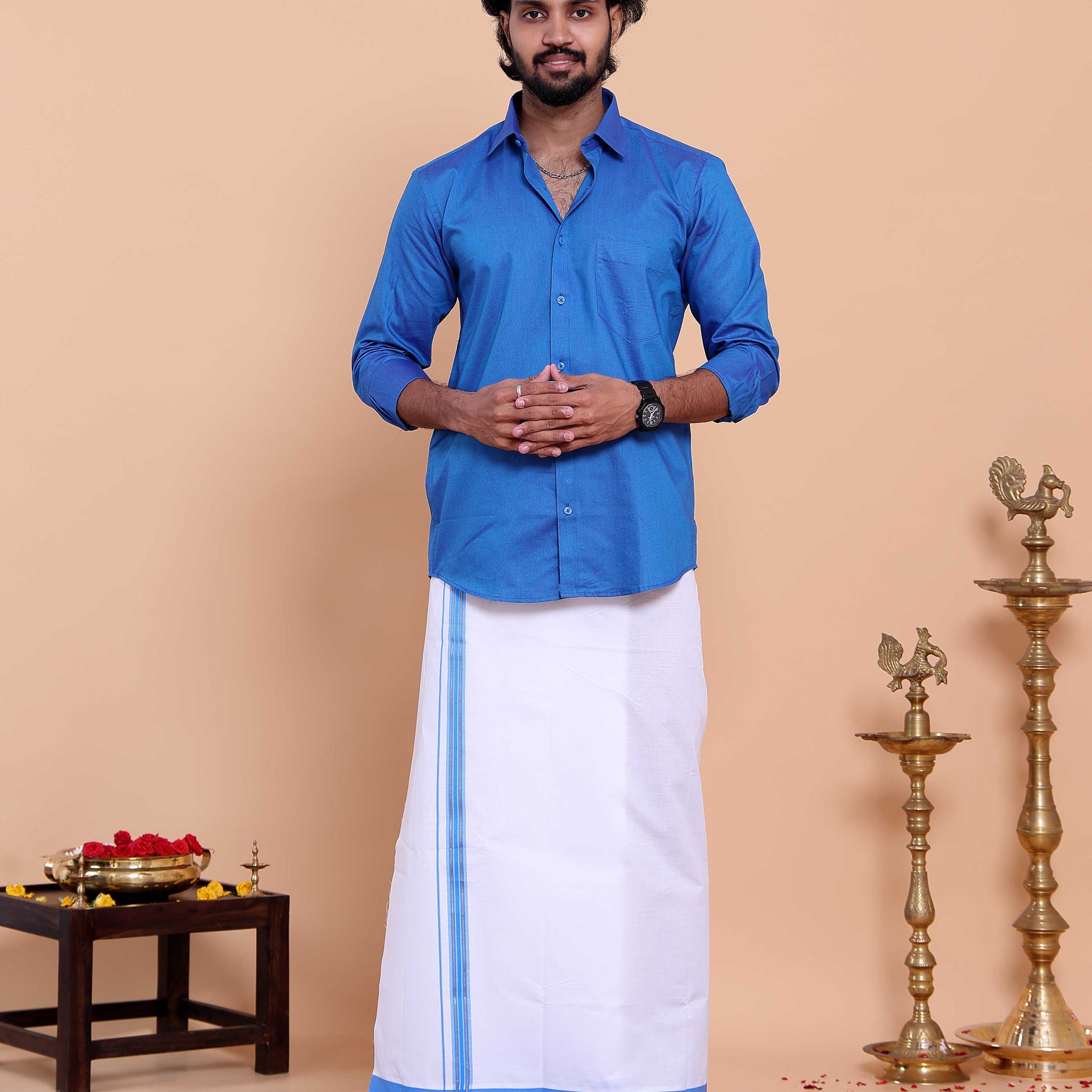 Elegant Men's Ethnic Full Sleeve Shirt & Dhoti Set with Traditional Border - Blue