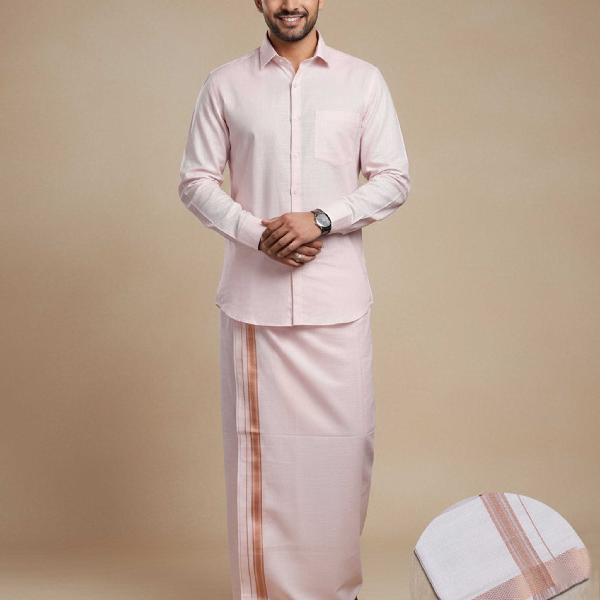 Elegant Men's Ethnic Full Sleeve Shirt & Dhoti Set with Traditional Border - Copper