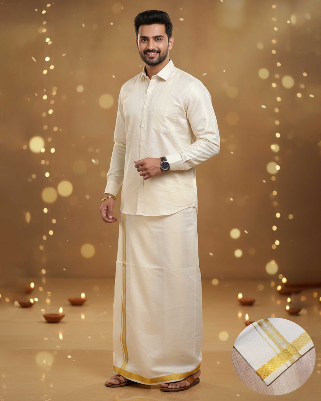 Elegant Men's Ethnic Full Sleeve Shirt & Dhoti Set with Traditional Border - Cream