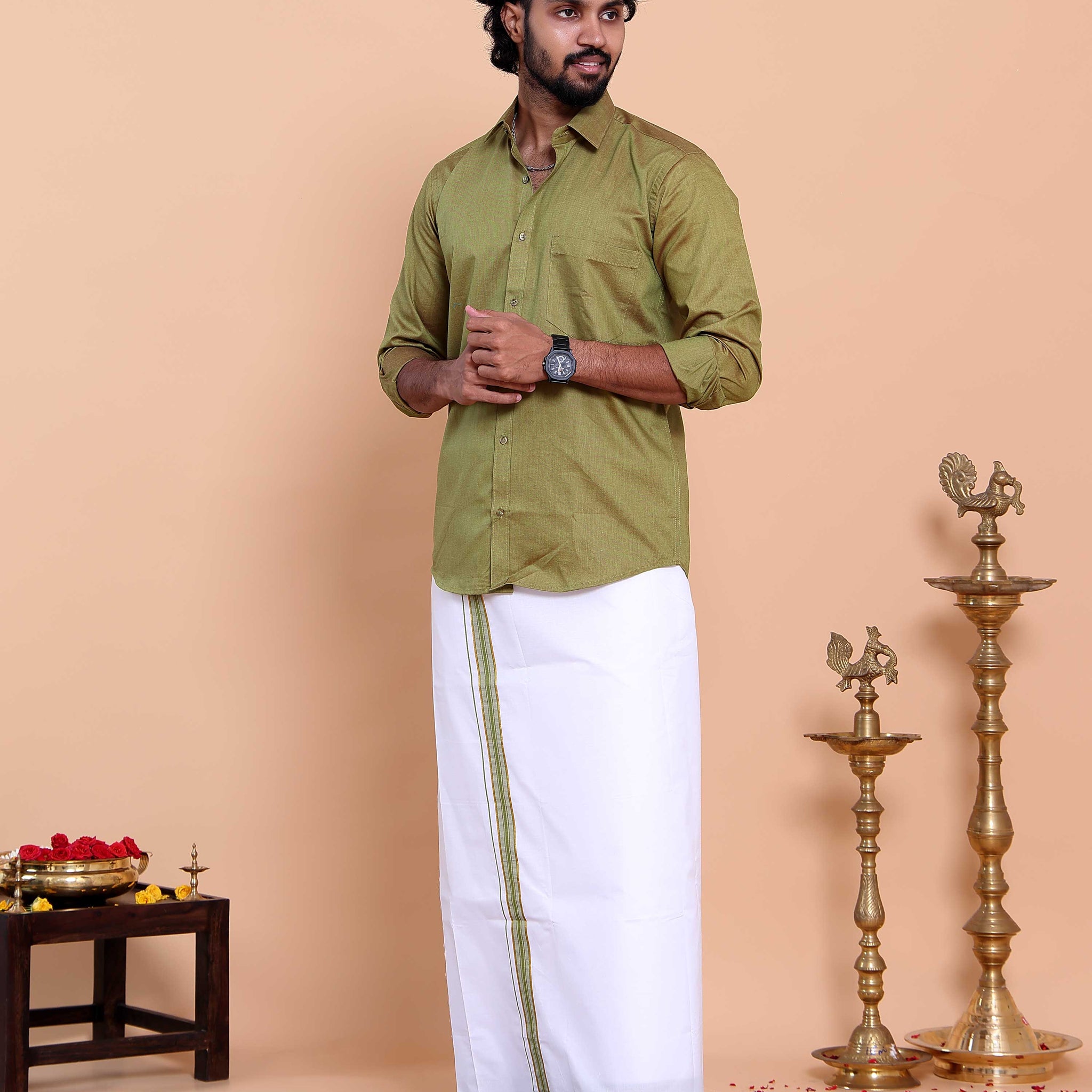 Elegant Men's Ethnic Full Sleeve Shirt & Dhoti Set with Traditional Border - Green