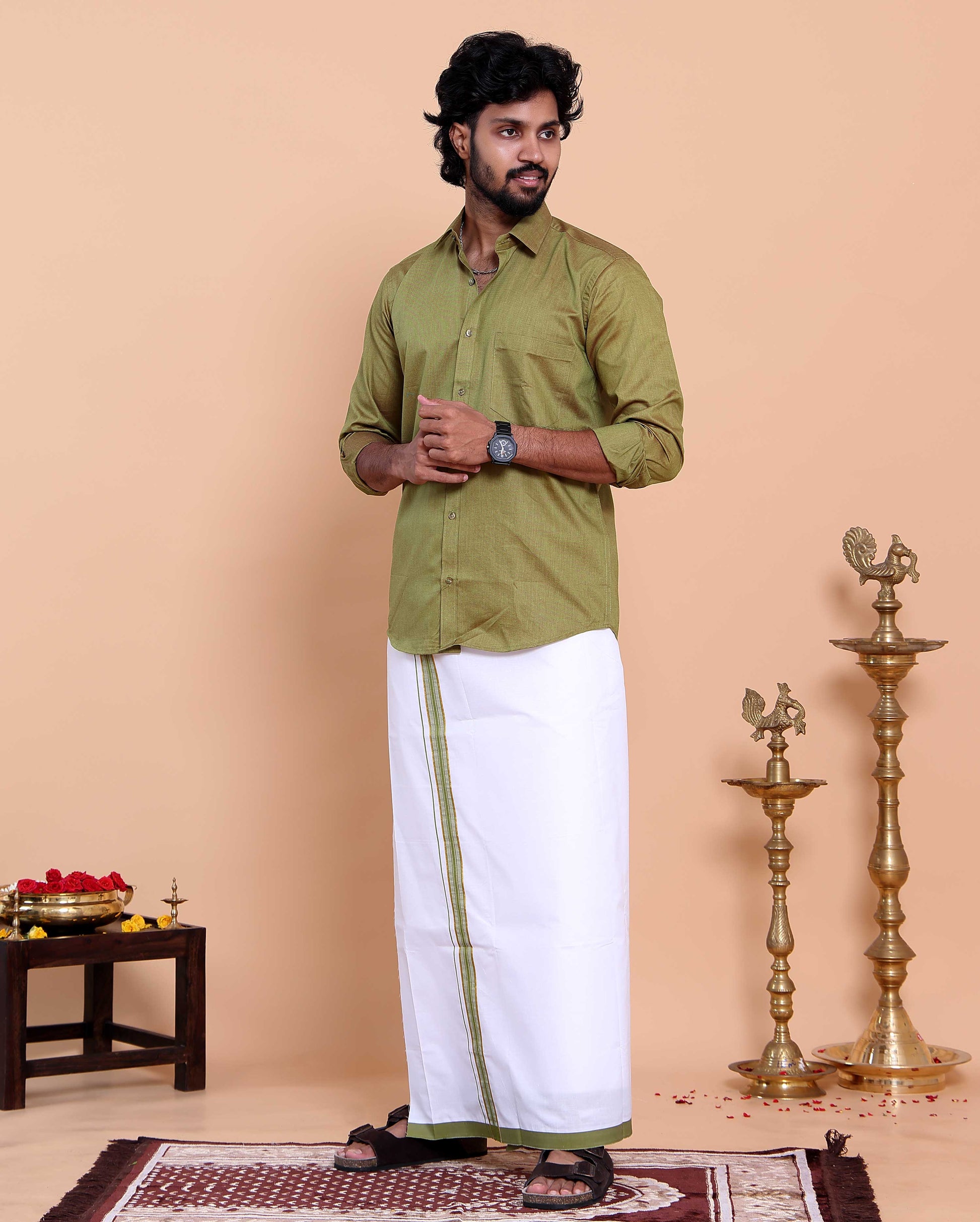 Elegant Men's Ethnic Full Sleeve Shirt & Dhoti Set with Traditional Border - Green