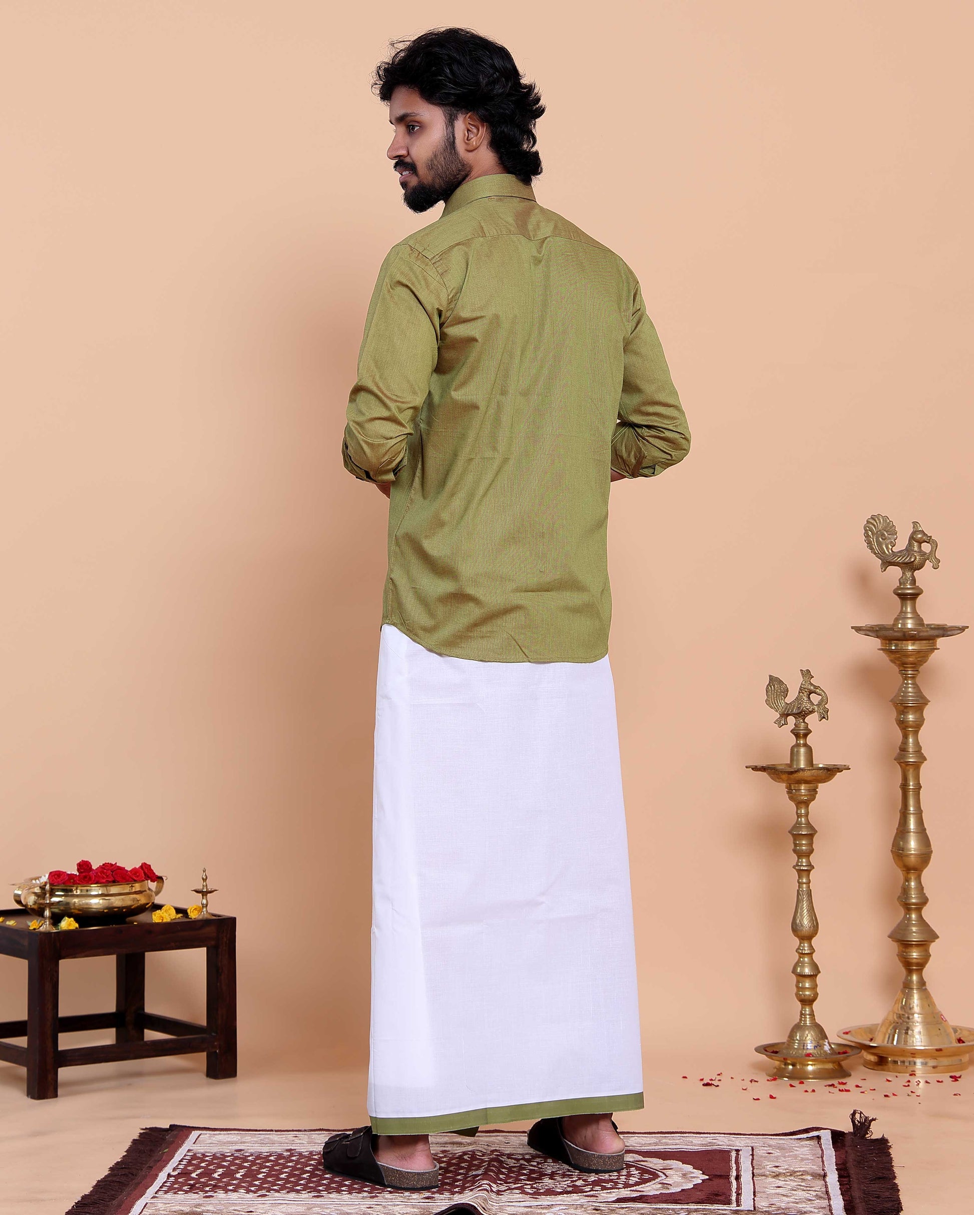 Elegant Men's Ethnic Full Sleeve Shirt & Dhoti Set with Traditional Border - Green