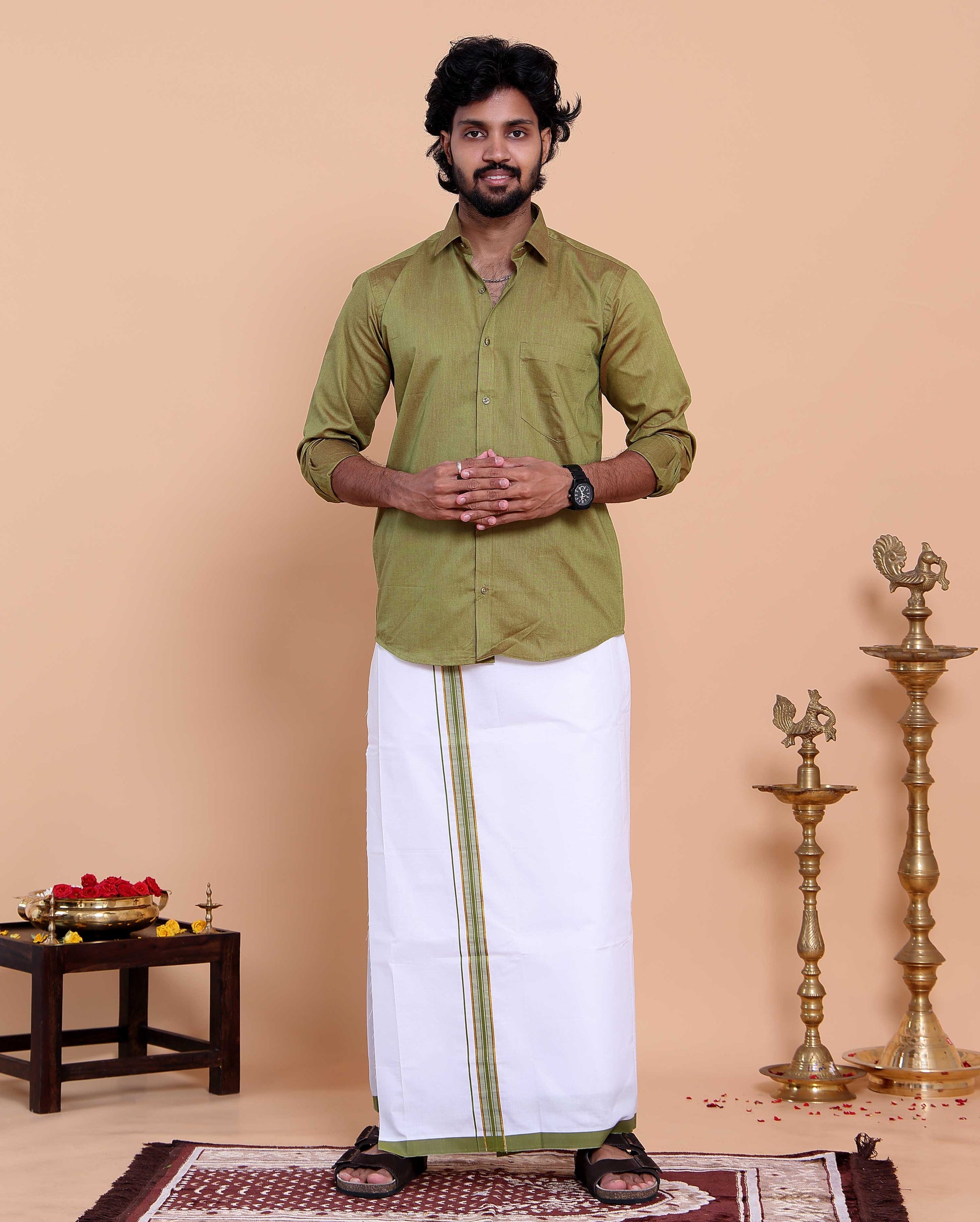 Elegant Men's Ethnic Full Sleeve Shirt & Dhoti Set with Traditional Border - Green