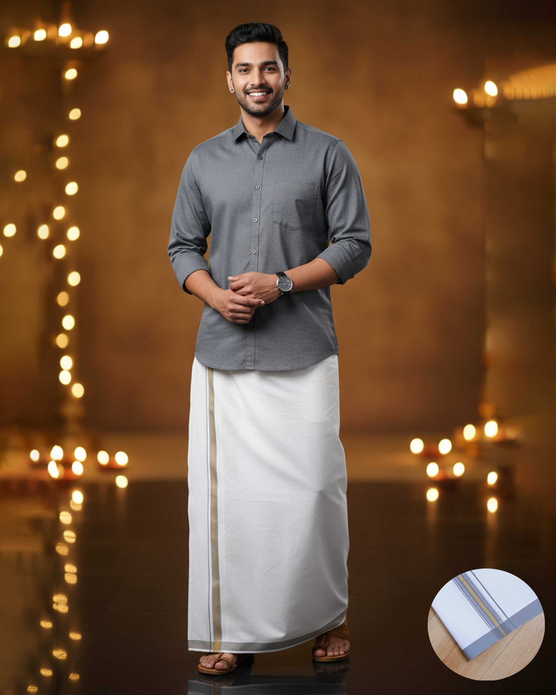 Elegant Men's Ethnic Full Sleeve Shirt & Dhoti Set with Traditional Border - Grey