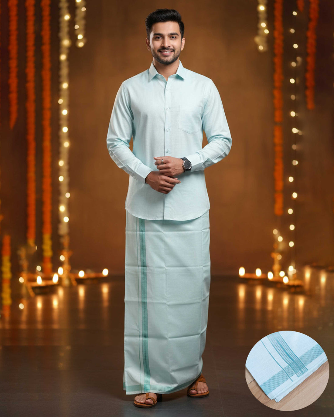 Elegant Men's Ethnic Full Sleeve Shirt & Dhoti Set with Traditional Border - Light Green