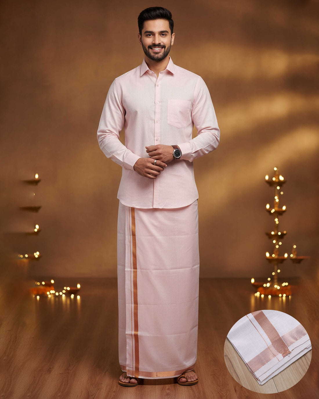 Elegant Men's Ethnic Full Sleeve Shirt & Dhoti Set with Traditional Border - Light Pink