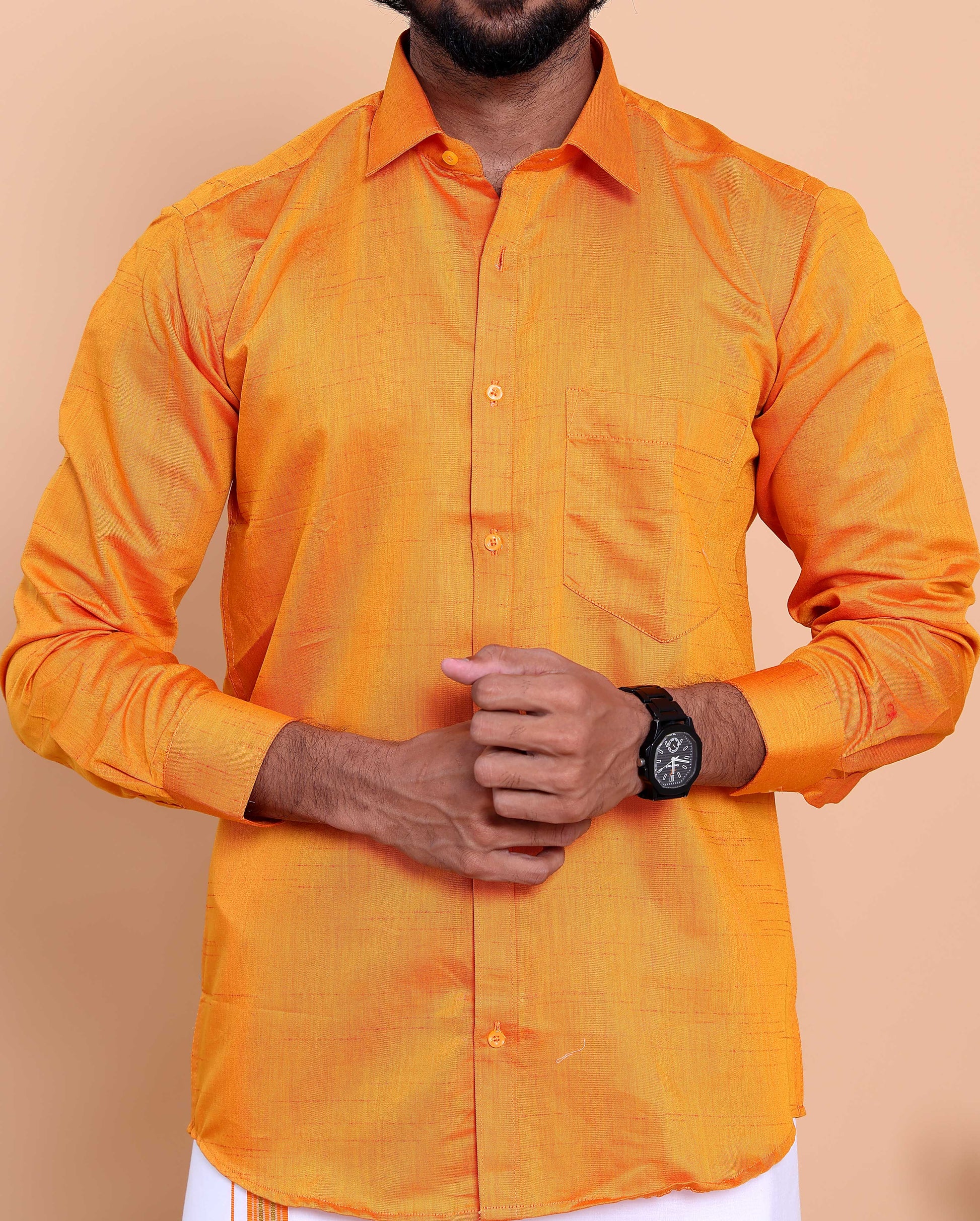 Elegant Men's Ethnic Full Sleeve Shirt & Dhoti Set with Traditional Border - Orange