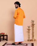 Elegant Men's Ethnic Full Sleeve Shirt & Dhoti Set with Traditional Border - Orange