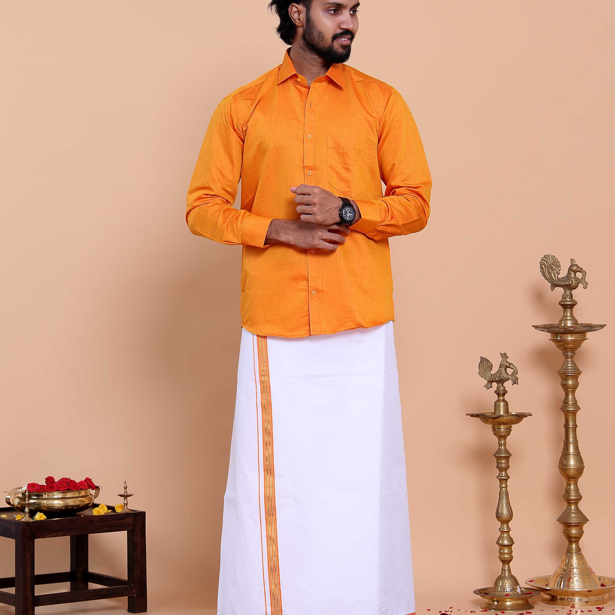 Elegant Men's Ethnic Full Sleeve Shirt & Dhoti Set with Traditional Border - Orange