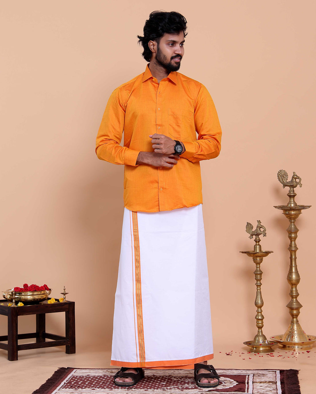 Elegant Men's Ethnic Full Sleeve Shirt & Dhoti Set with Traditional Border - Orange