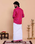 Elegant Men's Ethnic Full Sleeve Shirt & Dhoti Set with Traditional Border - Pink