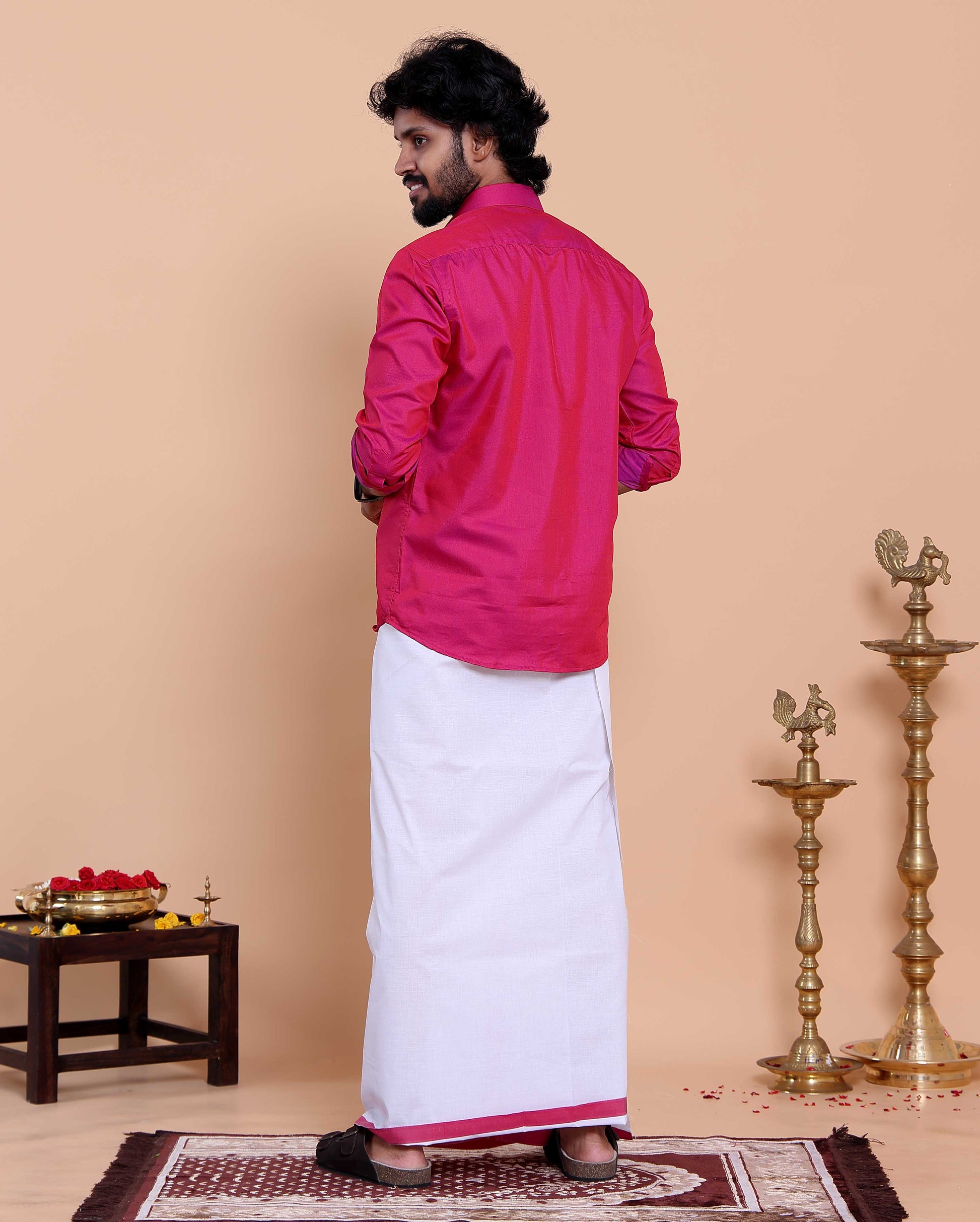 Elegant Men's Ethnic Full Sleeve Shirt & Dhoti Set with Traditional Border - Pink