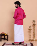 Elegant Men's Ethnic Full Sleeve Shirt & Dhoti Set with Traditional Border - Pink