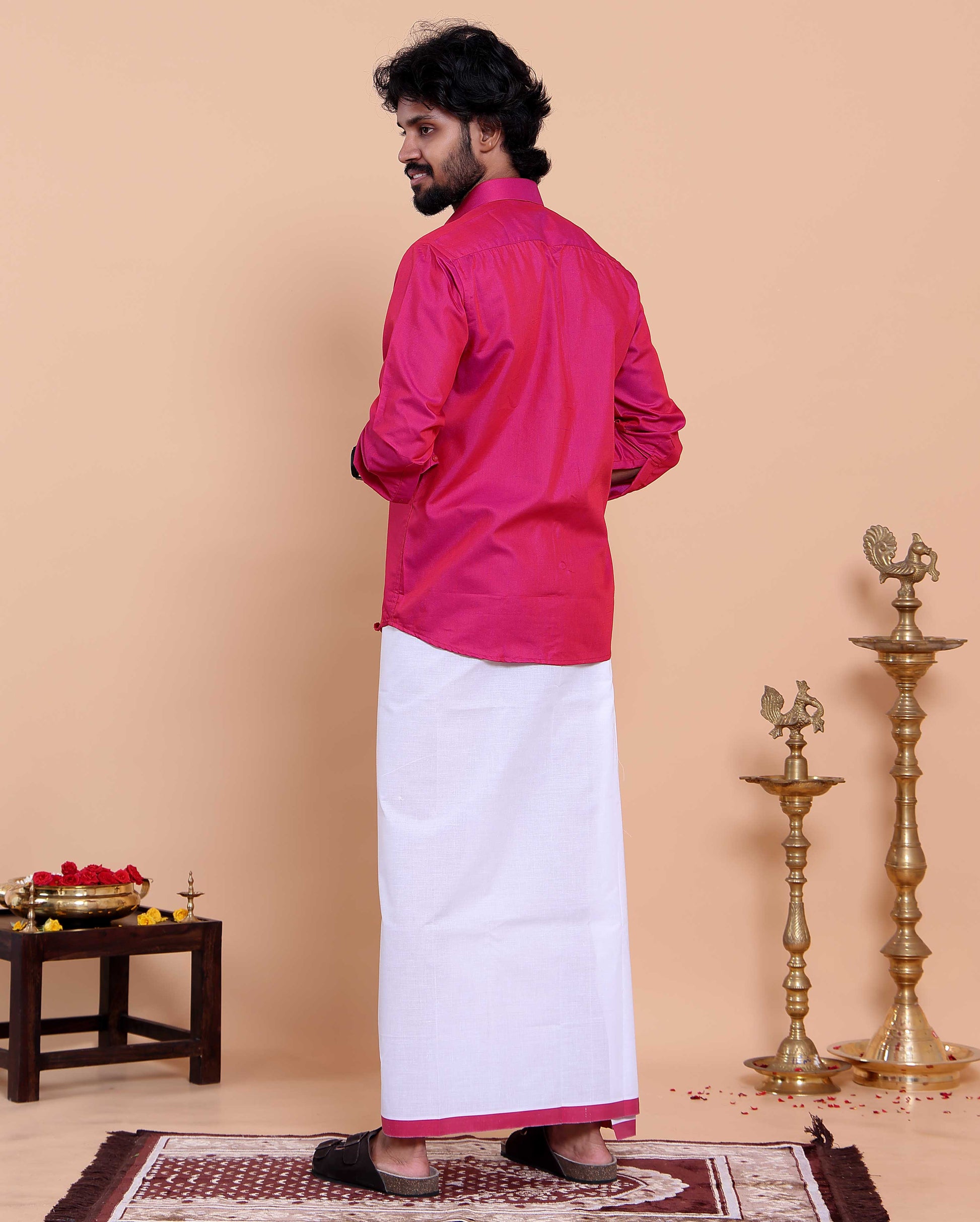 Elegant Men's Ethnic Full Sleeve Shirt & Dhoti Set with Traditional Border - Pink