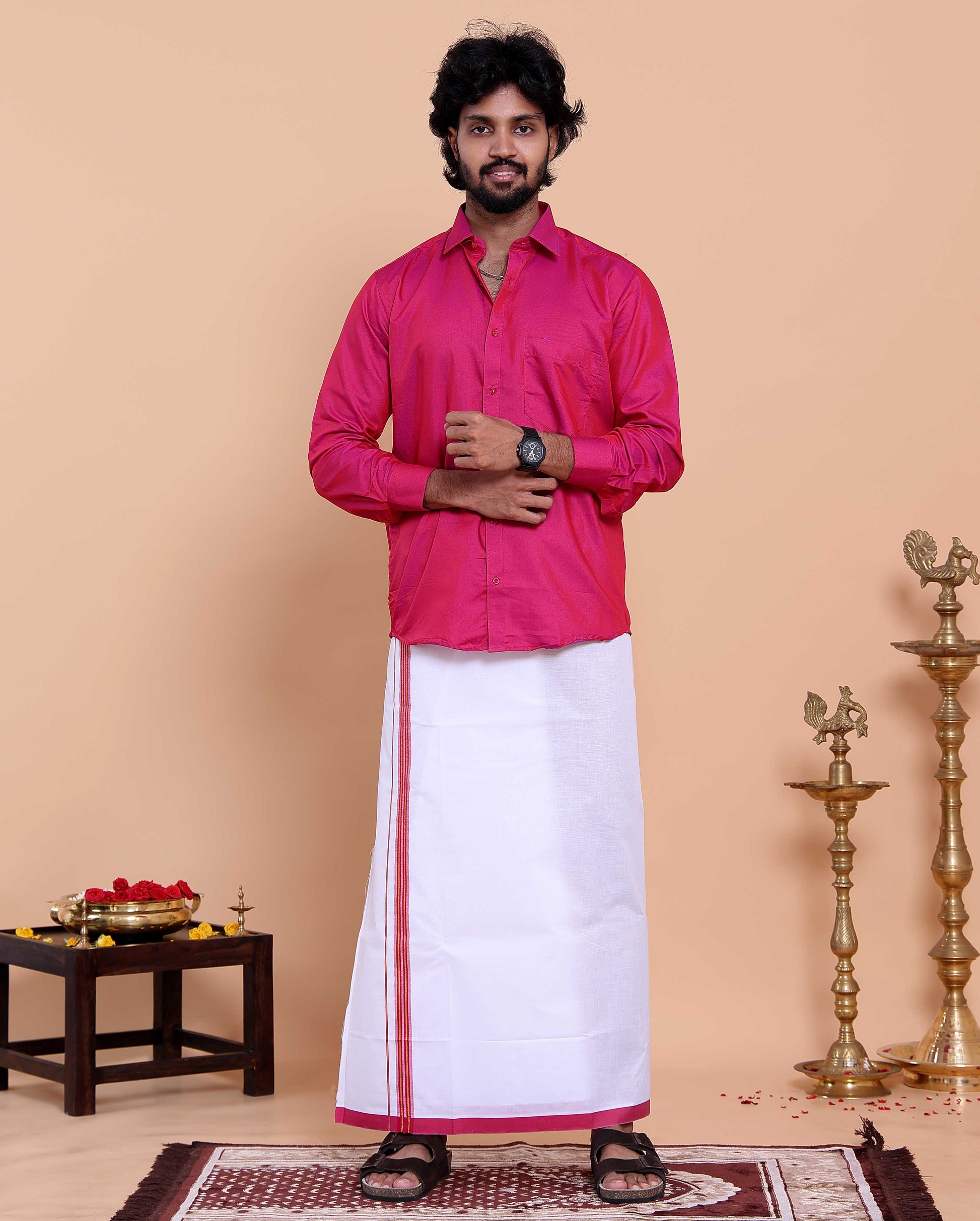 Elegant Men's Ethnic Full Sleeve Shirt & Dhoti Set with Traditional Border - Pink-front image